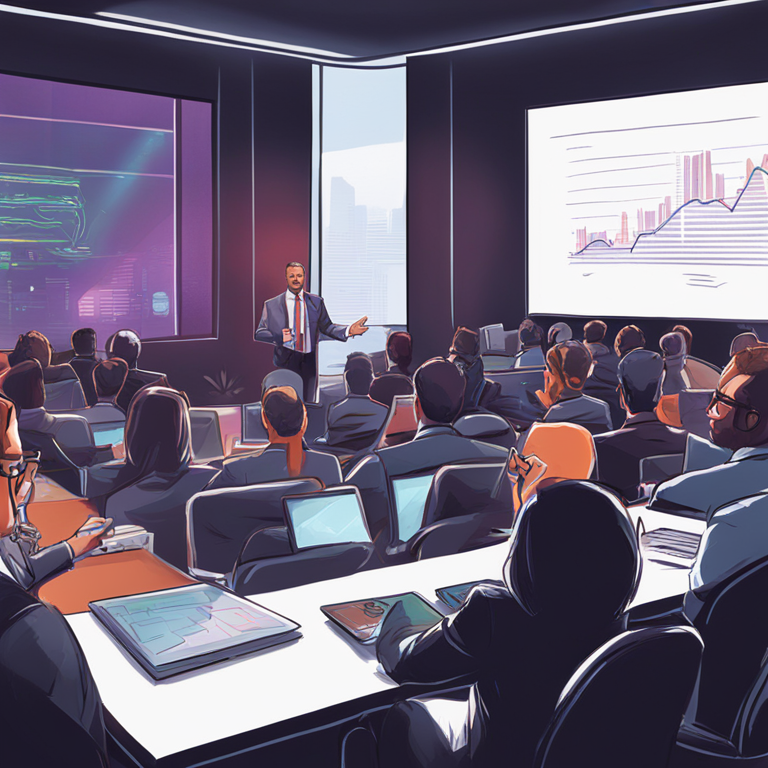 hand-drawn digital illustration featuring a financial expert speaking at a conference, Artstation HQ, digital art