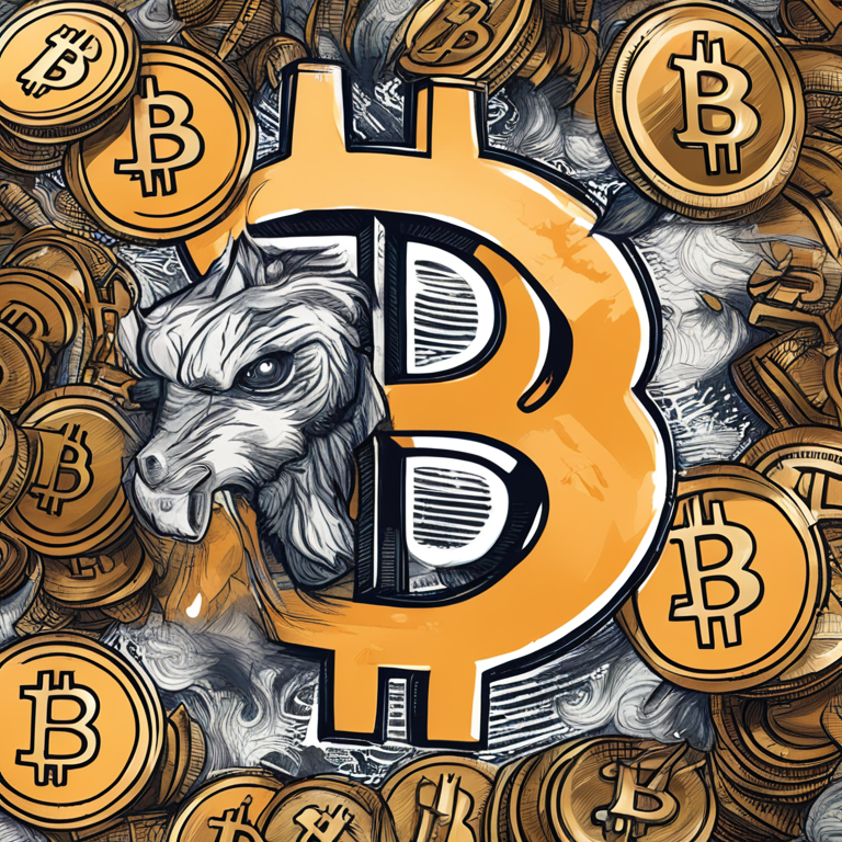 hand-drawn digital illustration of Bitcoin and US dollar symbols clashing, Artstation HQ, digital art