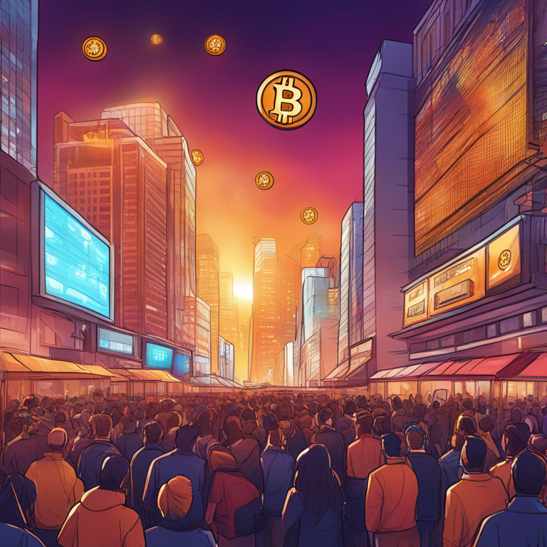 illustration of bitcoin ETF launch, dynamic and modern financial theme, hand-drawn digital illustration, Artstation HQ, digital art, vibrant market scene, trending on Artstation