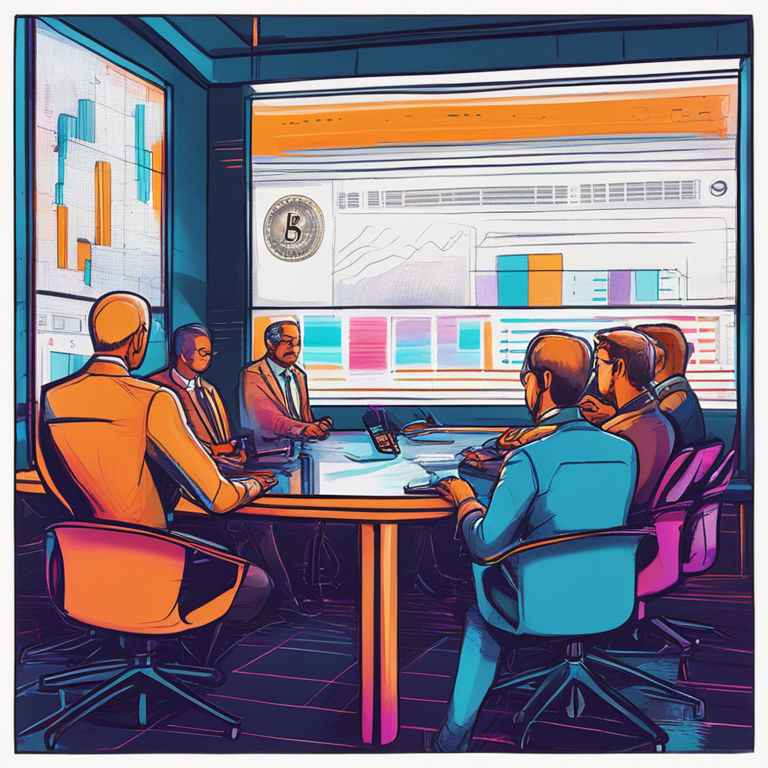 Hand-drawn digital illustration, Artstation HQ, of a futuristic business meeting discussing Bitcoin ETF, vibrant colors, high-tech atmosphere, digital art, trending on Artstation, blockchain theme, crisp details