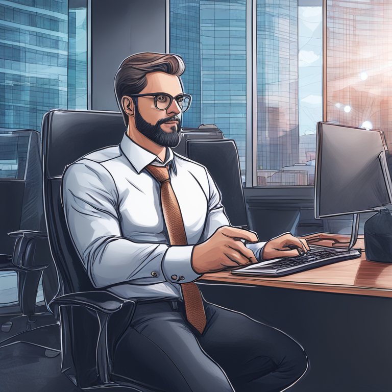 hand-drawn digital illustration, Artstation HQ, digital art of financial executive, supporting Bitcoin ETF, innovative, modern office background