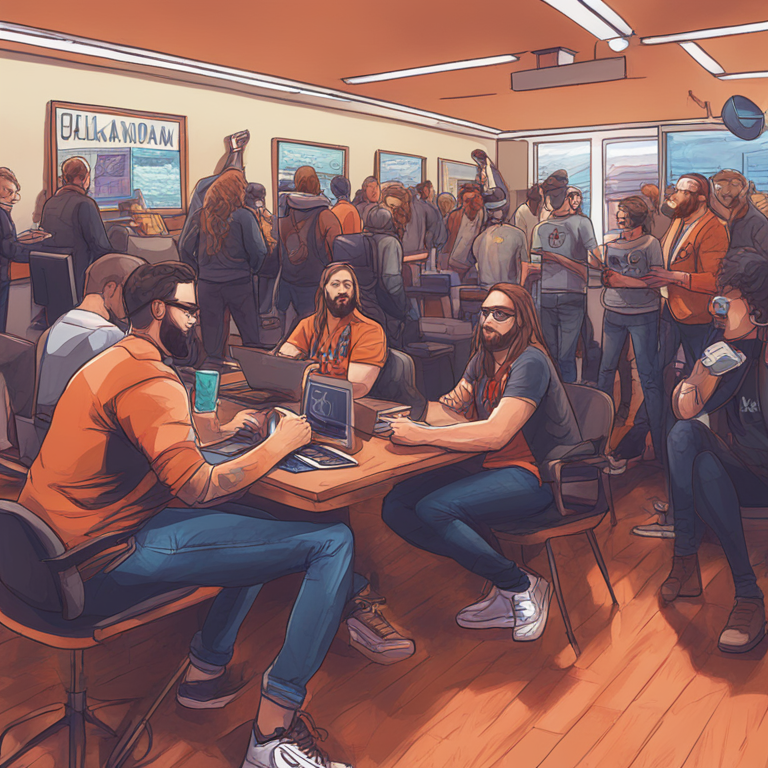 Hand-drawn digital illustration of Oklahoma Bitcoin Association members, Artstation HQ, digital art, trendy magazine style