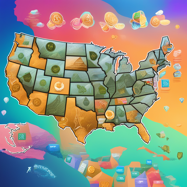 Digital art illustration of various U.S. states with distinct regulatory landscapes for cryptocurrencies, Artstation HQ, vibrant and detailed style