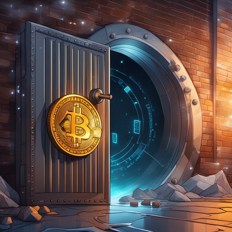 Detailed digital illustration of Bitcoin surging in value, a gleaming vault door representing security, and financial charts, inspired by Artstation HQ, digital art