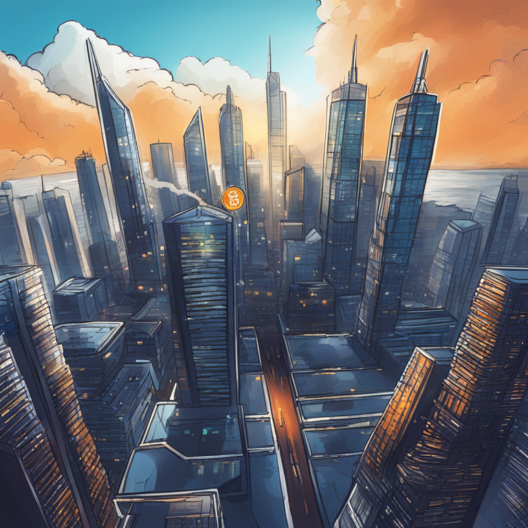 A futuristic depiction of Bitcoin's rise, showing the digital currency soaring beyond skyscrapers, hand-drawn digital illustration, Artstation HQ, digital art