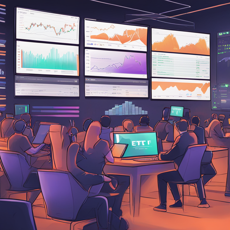 Hand-drawn digital illustration of investors analyzing Bitcoin ETF performance charts on tablets and computers, showcasing a dynamic financial growth trend; Artstation HQ, digital art, trending on Artstation.