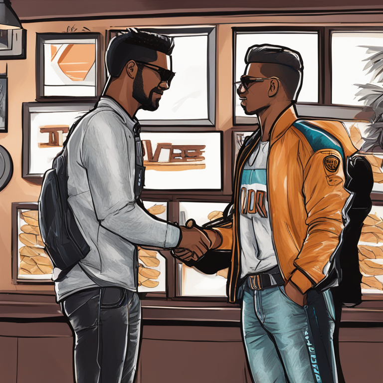 Hand-drawn digital illustration, Artstation HQ, digital art depicting a handshake between TBD and Chipper Cash, emphasizing collaboration and growth