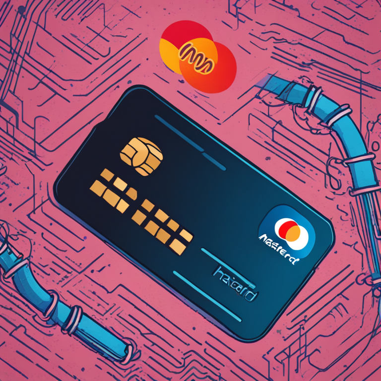 hand-drawn digital illustration of a Mastercard logo connecting with blockchain symbols, Artstation HQ, digital art