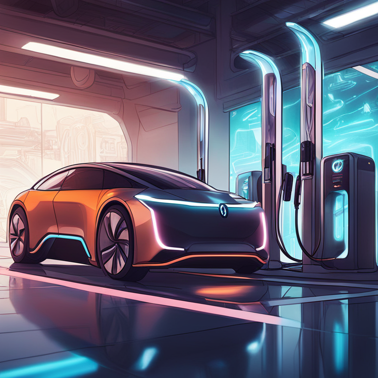 hand-drawn digital illustration of futuristic electric vehicles charging at a station, Artstation HQ, digital art