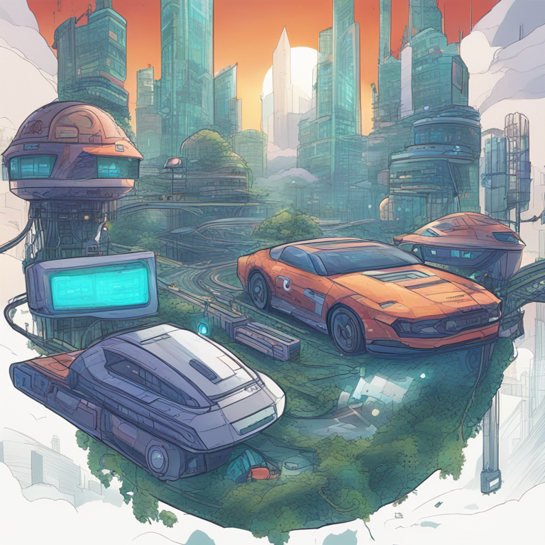 Illustration of futuristic connected ecosystems through DePIN and traditional finance, hand-drawn digital illustration, Artstation HQ, digital art