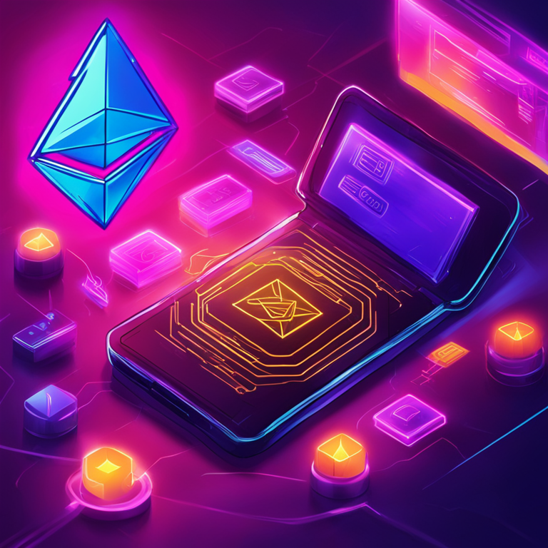 hand-drawn digital illustration, Artstation HQ, digital art, Ethereum account abstraction concept showcasing a futuristic digital wallet with security icons, vibrant colors, blockchain motifs, glowing effects