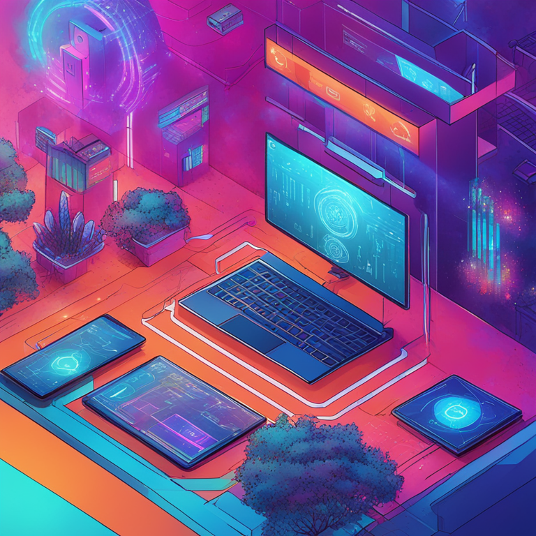 Hand-drawn digital illustration, futuristic visual representation of Web3 media, integrating blockchain and AI, Artstation HQ, vibrant colors, modern, digital art