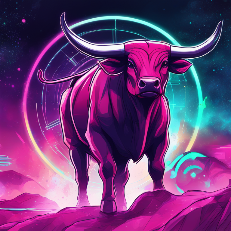 Hand-drawn digital illustration, bull targeting AIOZ token price increase, futuristic blockchain market charts, vibrant colors, Artstation HQ, digital art