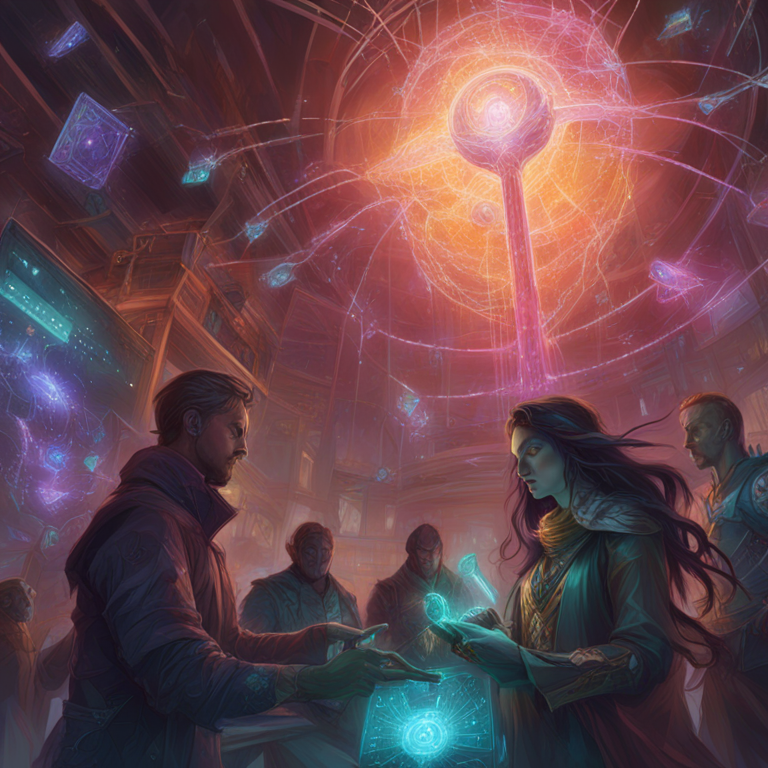 hand-drawn digital illustration, Artstation HQ, digital art, representing a collaborative blockchain network, vibrant colors, detailed transaction nodes connecting, high-tech digital finance theme, inspired by works of Peter Mohrbacher and Donato Giancola.