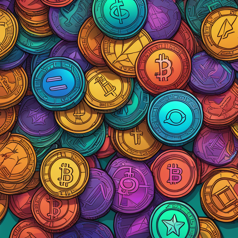 hand-drawn digital illustration, cartoon-themed cryptocurrency coins, Solana blockchain, vibrant colors, whimsical style, digital art, Artstation HQ