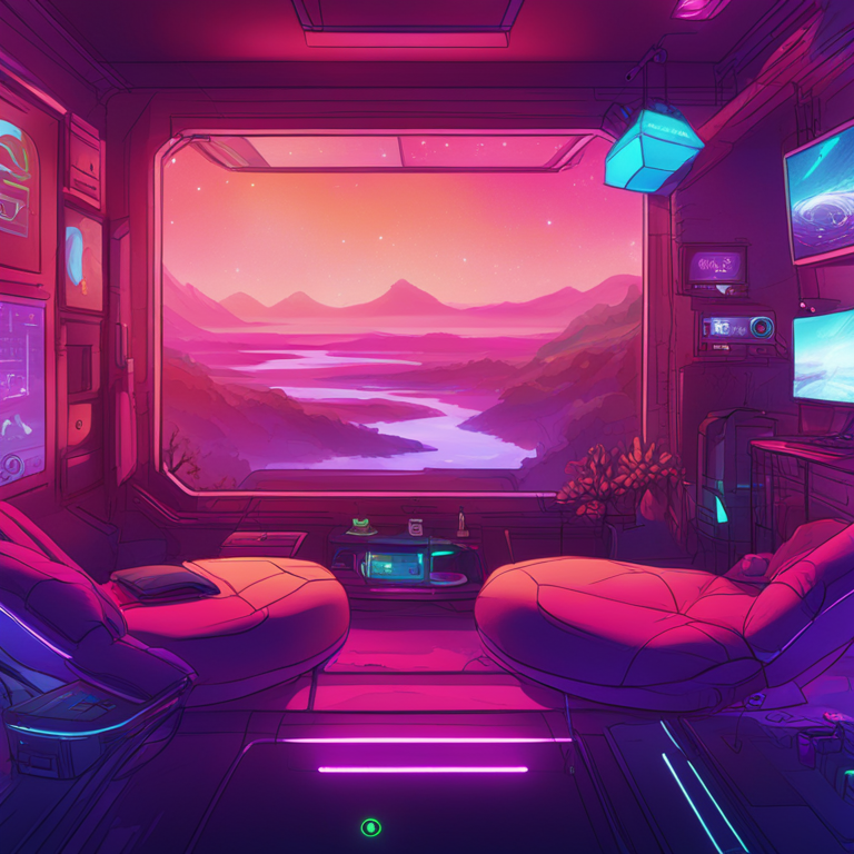 Hand-drawn digital illustration of Somnia's Metaverse Browser, showcasing a futuristic user interface immersed in vibrant colors, Artstation HQ, digital art