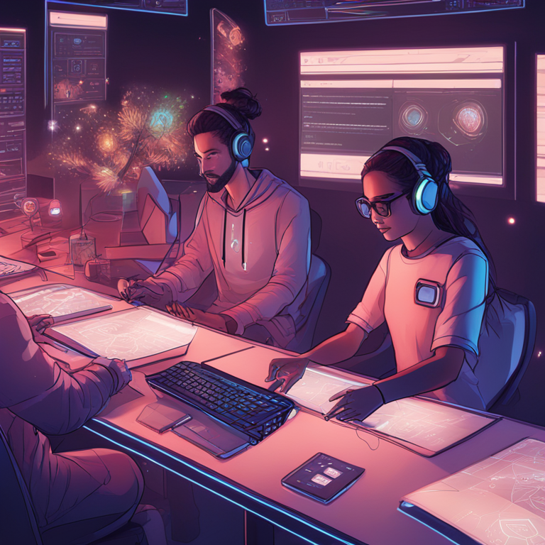 Hand-drawn digital illustration of users designing avatars and virtual environments within the Somnia Metaverse browser, filled with futuristic widgets and a collaborative atmosphere, Artstation HQ, digital art