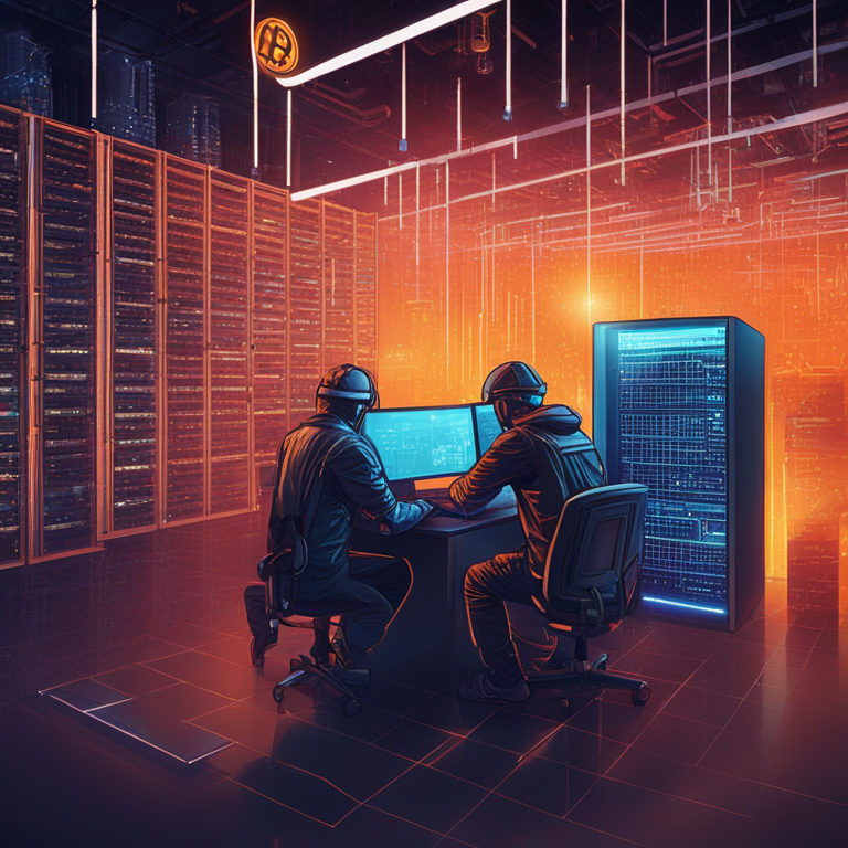 abstract digital illustration of developers and bitcoin miners working collaboratively with open-source code, Artstation HQ, digital art