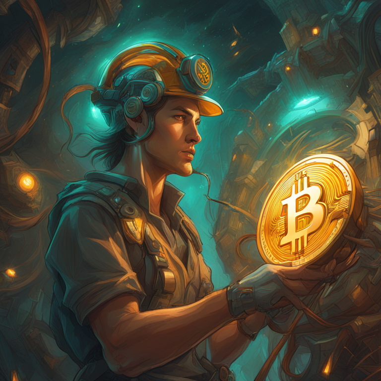 Hand-drawn digital illustration of an efficient Bitcoin miner with advanced technology, detailed and vibrant, inspired by the art of Peter Mohrbacher and Donato Giancola, depicting energy and technological convergence, trending on Artstation, digital art