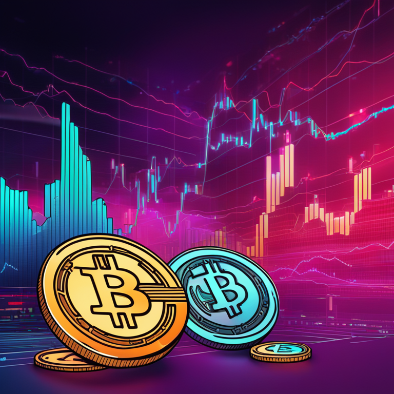 digital illustration of rising and falling cryptocurrency charts, Artstation HQ, vibrant colors, detailed, modern, hand-drawn style, capturing the volatility of the market