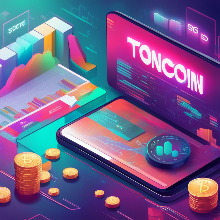 Abstract digital illustration of Toncoin fluctuating prices with a backdrop of digital market trends, hand-drawn digital illustration, Artstation HQ, digital art