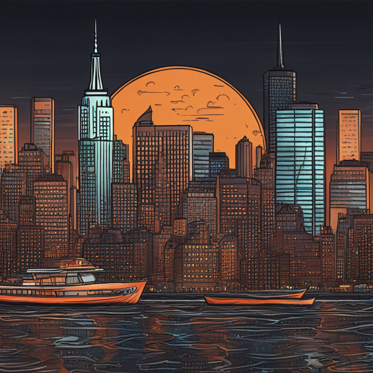 Illustration of a bustling New York skyline with abstract representations of Bitcoin and financial markets, hand-drawn digital illustration, Artstation HQ, digital art