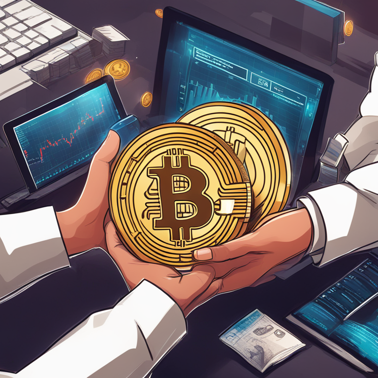 Digital illustration of institutional investors holding Bitcoin ETFs with financial graphs, magazine style, Artstation HQ, digital art