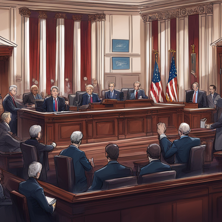 Hand-drawn digital illustration of the U.S. Senate chambers during a voting session, featuring a detailed depiction of senators debating a bill, Artstation HQ, trending on Artstation, professional, digital art