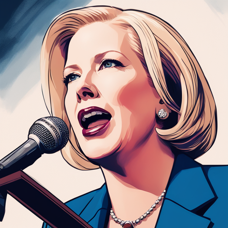 Illustrated portrait of Sen. Kirsten Gillibrand speaking passionately at a Congressional session, digital illustration, detailed and vibrant, Artstation HQ