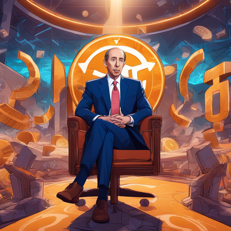 Detailed digital illustration of SEC Chair Gary Gensler speaking in a formal setting, surrounded by abstract representations of cryptocurrency symbols, professional, vibrant, Artstation HQ