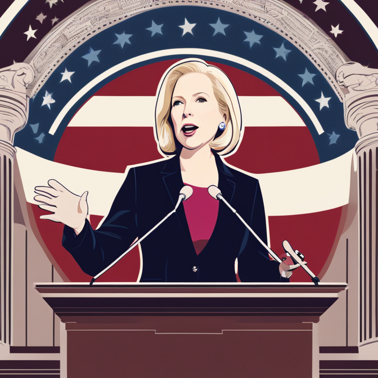 Illustration of US Senator Kirsten Gillibrand speaking confidently at a podium, digital art, modern style