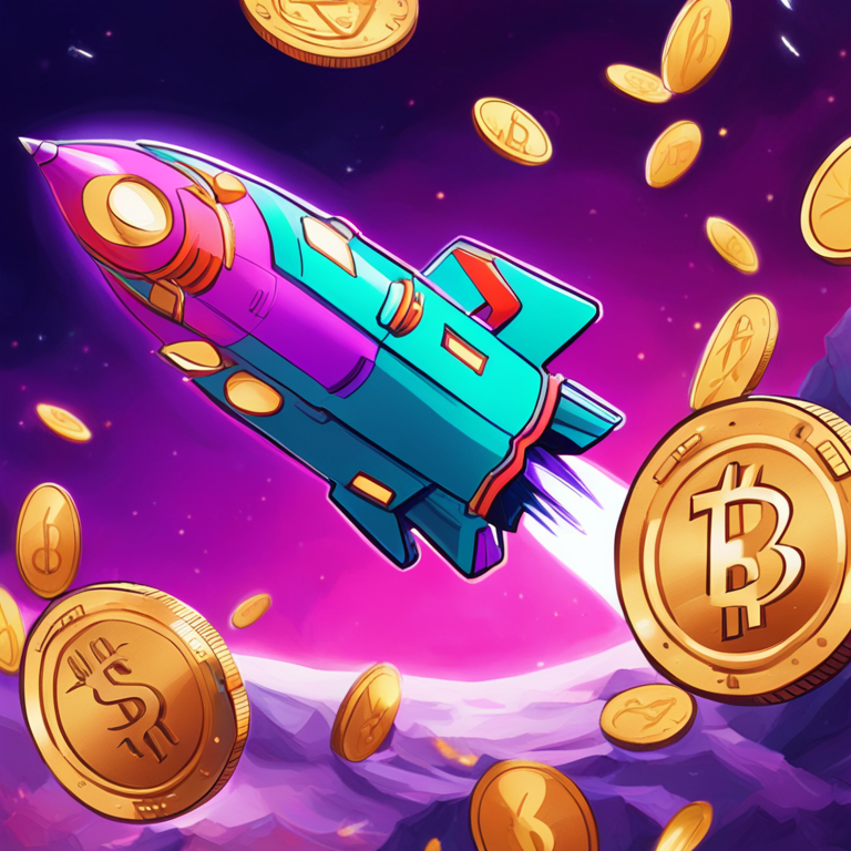 hand-drawn digital illustration, Artstation HQ, digital art, Solana meme coin featuring rocket ship and dollar signs, surreal and vibrant, trending on Artstation