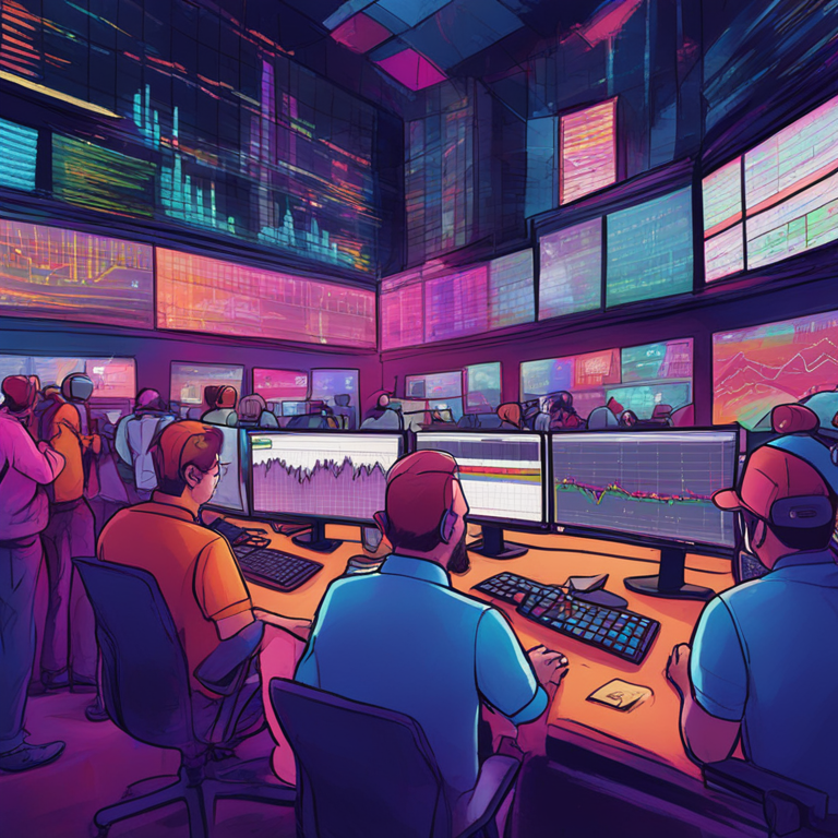 Hand-drawn digital illustration of a meme stock surge, showing graphs and traders, vibrant colors, Artstation HQ, digital art, trending, detailed, dynamic financial market scene, lively trading floor