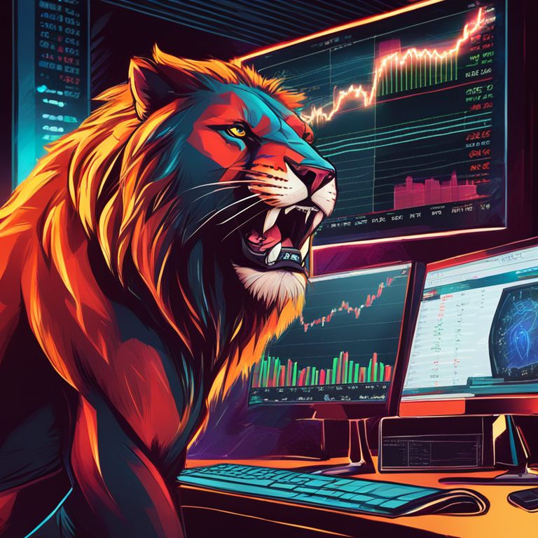 hand-drawn digital illustration, Artstation HQ, digital art, GameStop stock trader with roaring lion in background, financial graphs, high-energy and dynamic scene, vibrant colors, trending on Artstation