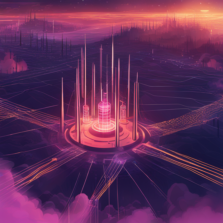 Stylized illustration representing a decentralized network with towers emitting signals, embodying innovation and connectivity, hand-drawn digital illustration, Artstation HQ, digital art