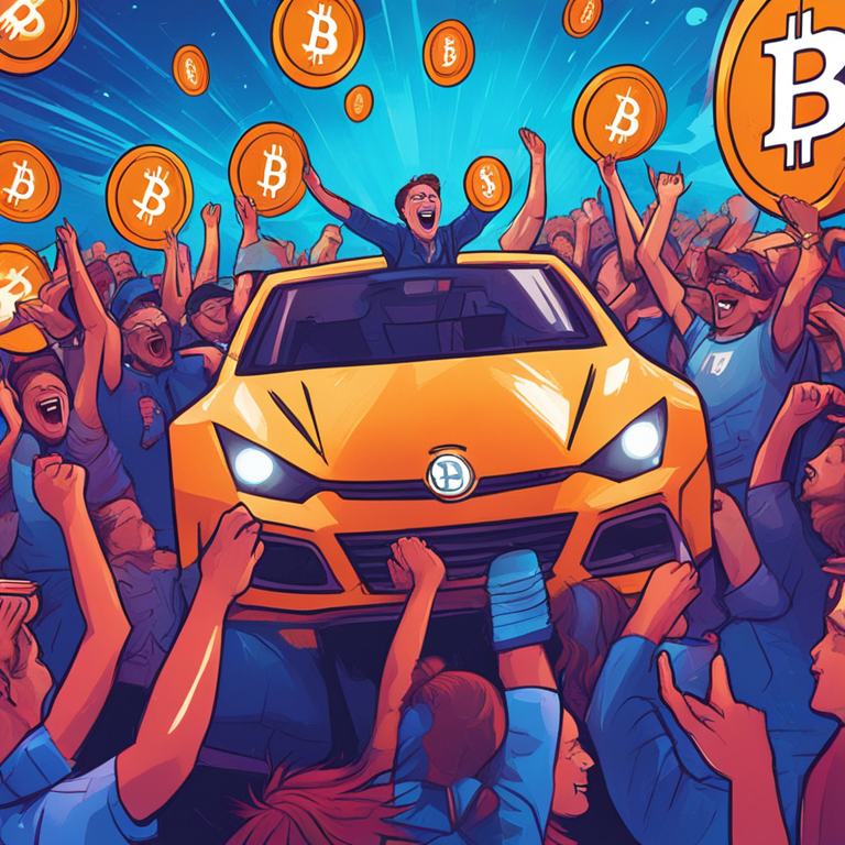 Bitcoin rally illustration capturing the essence of excitement in the crypto market, hand-drawn digital illustration, Artstation HQ, vibrant colors, popping figures, excited facial expressions, modern whimsical style