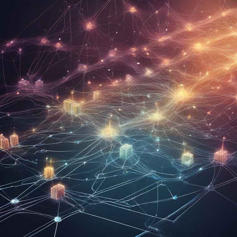 Abstract digital illustration of a blockchain network being restored, with complex data flows and nodes reconnecting, hand-drawn digital illustration, Artstation HQ, digital art