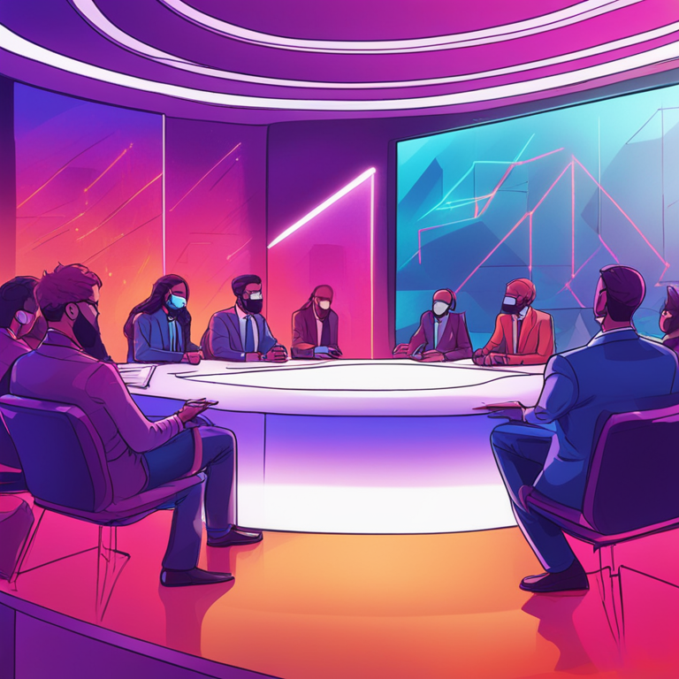 Hand-drawn digital illustration of a debate stage with individuals arguing over blockchain layers, futuristic setting, vibrant colors, trending on Artstation