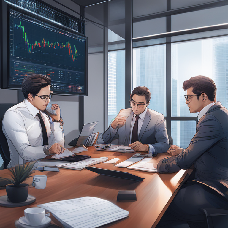 digital illustration of analysts discussing Mt. Gox and Gemini repayments, modern office setting, Artstation HQ quality, detailed charts and graphs, tension in the air, trending on Artstation