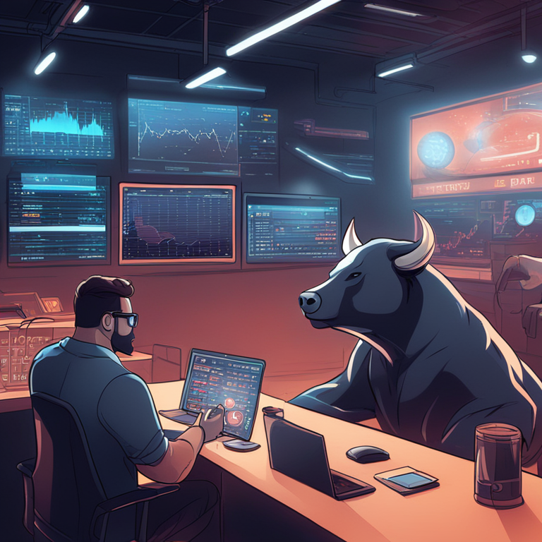 hand-drawn digital illustration of bull and bear in a market prediction setting, futuristic analytics room, high-tech gadgets, Artstation HQ, digital art, trending on Artstation