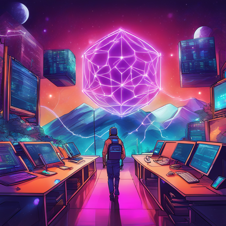 Hand-drawn digital illustration of blockchain and finance integration, futuristic, Artstation HQ, vibrant colors, cosmos theme, digital art