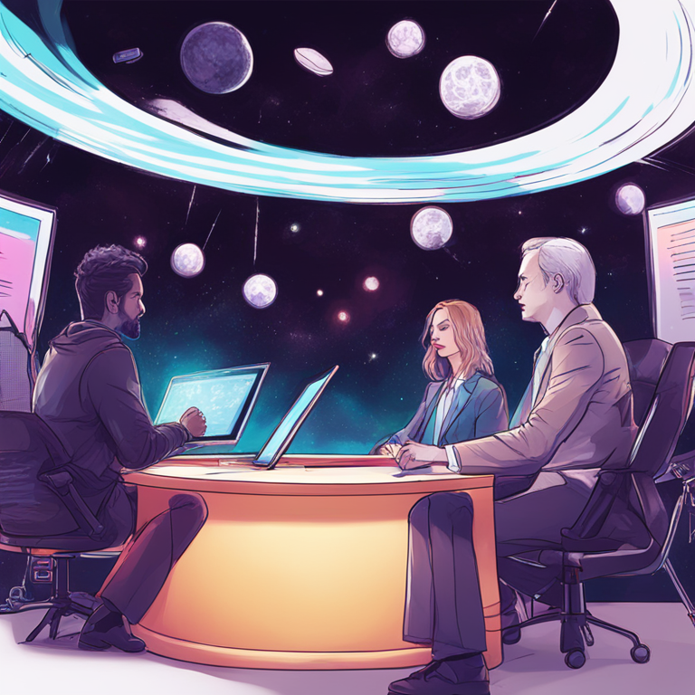 hand-drawn digital illustration, Artstation HQ, digital art, representation of Cosmos grant funding, blockchain community debate, innovative crypto investment, trendy magazine publication style