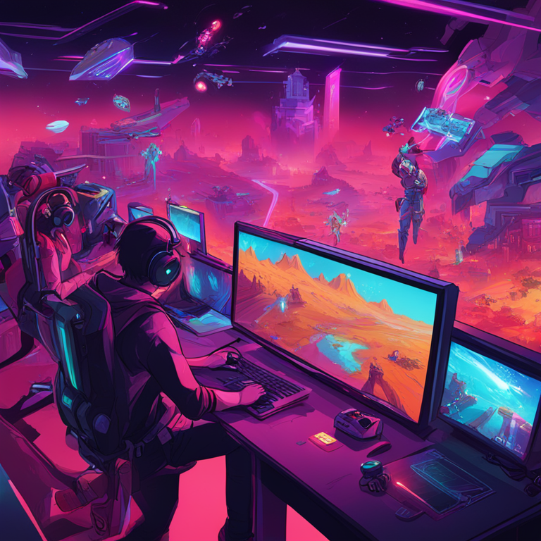 Hand-drawn digital illustration, showcasing a vibrant gaming world with players immersed in the metaverse, Artstation HQ, digital art