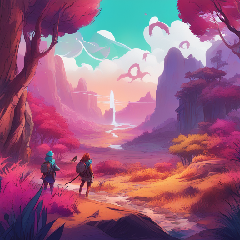 Hand-drawn digital illustration, an adventurous journey through a metaverse landscape, vibrant characters and tokens, Artstation HQ, digital art