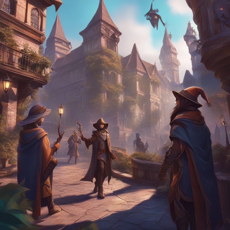 digital illustration of fantasy characters exploring a city of wizards in the metaverse, intricate design, Artstation HQ, digital art