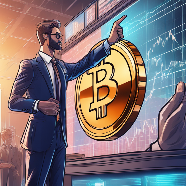 hand-drawn digital illustration, Artstation HQ, digital art, financial analyst pointing at a graph with Bitcoin symbol, futuristic, sophisticated, detailed