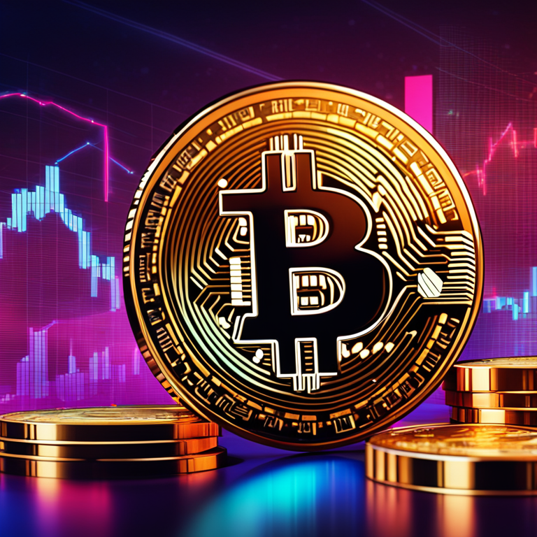 A digital illustration of Bitcoin coins with a financial chart in the background, stylized with vibrant colors and modern design, Artstation HQ, digital art