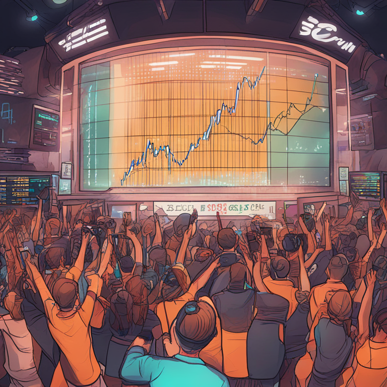 hand-drawn digital illustration of Bitcoin price surge, Artstation HQ, digital art, depicting Bitcoin rally, modern and detailed style, finance growth, vibrant market chart, futuristic trading desk background