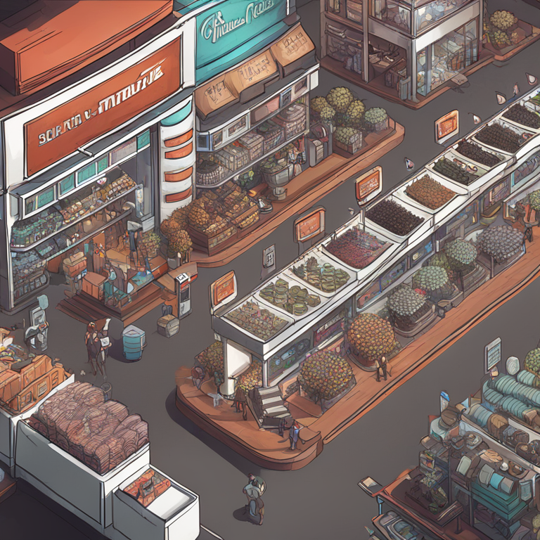 hand-drawn digital illustration of a bustling virtual world marketplace, Artstation HQ, digital art