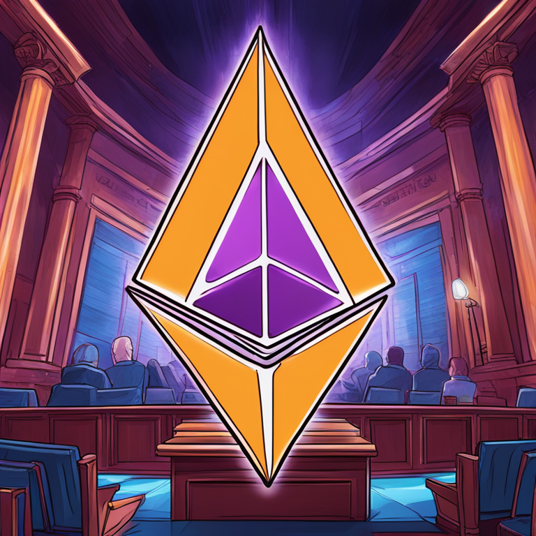 hand-drawn digital illustration of Ethereum logo in a courtroom setting, Artstation HQ, detailed, vibrant colors, digital art, magazine style, high-tech, symbolic, justice theme